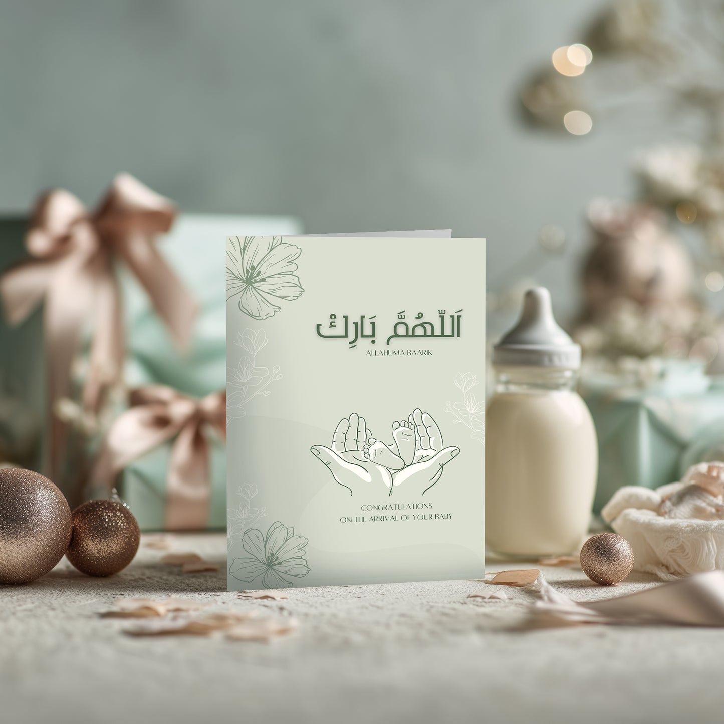 Islamic Newborn Baby Card – Allahumma Baarik | Muslim Baby Congratulations | Al-Baari Name | Neutral Aqiqah Card - 99 Names of Allah focused